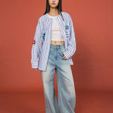 Striped Beaded Collar Blouse - SHICCACHE