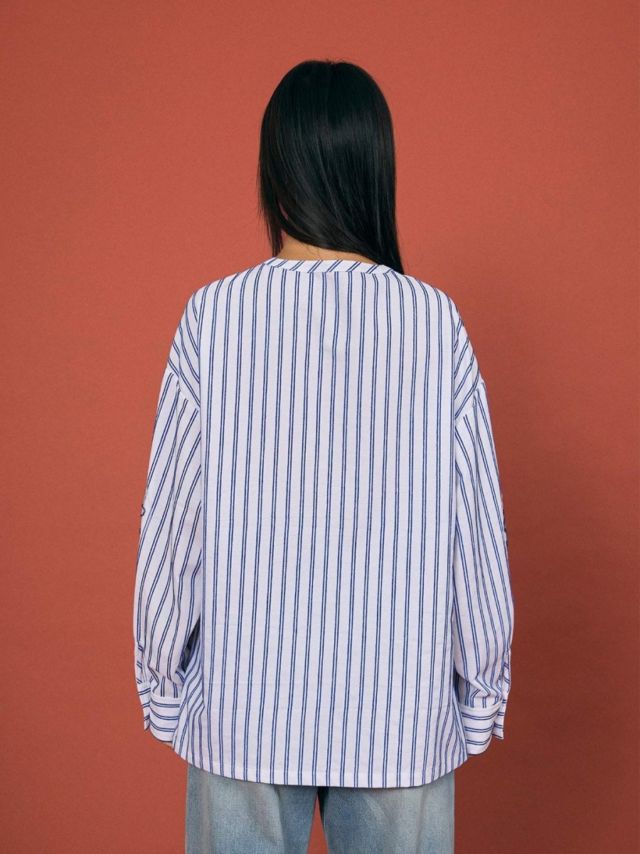 Striped Beaded Collar Blouse - SHICCACHE