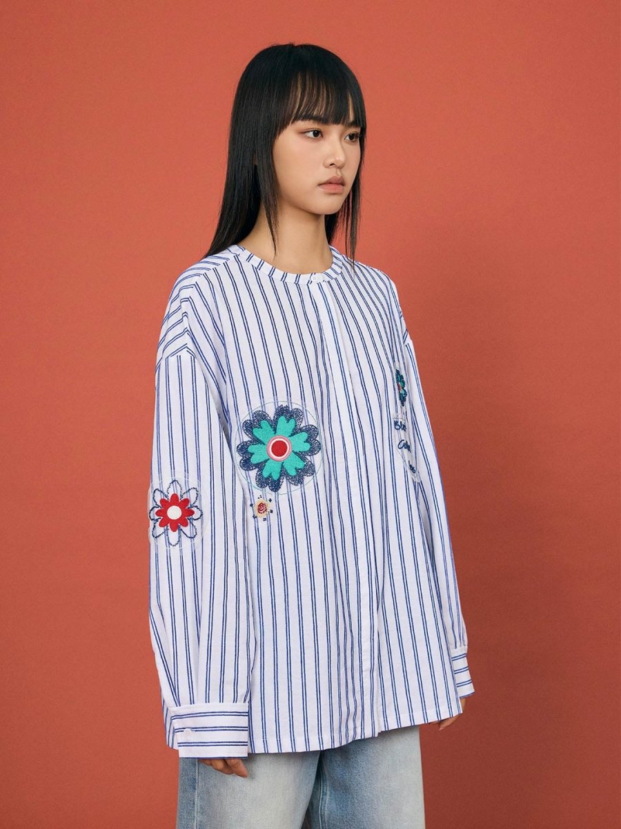 Striped Beaded Collar Blouse - SHICCACHE