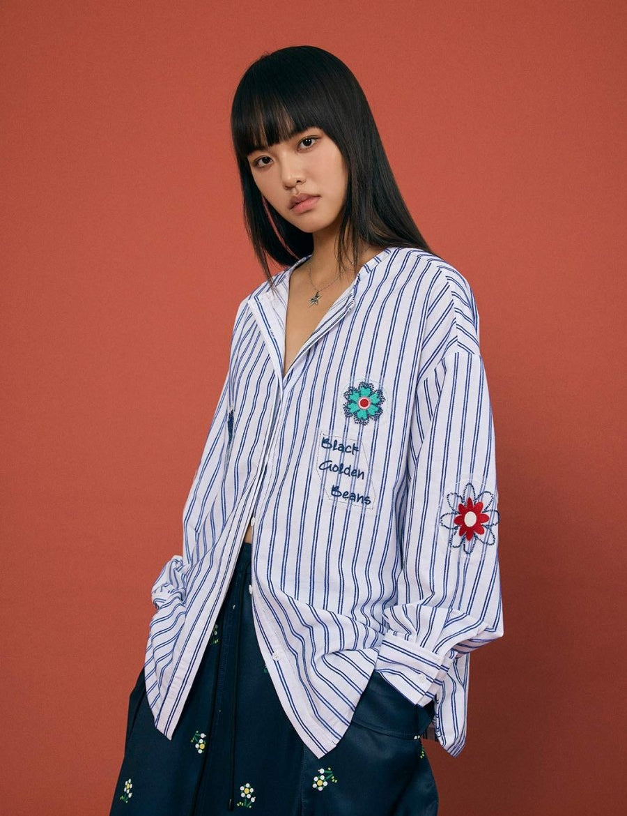 Striped Beaded Collar Blouse - SHICCACHE