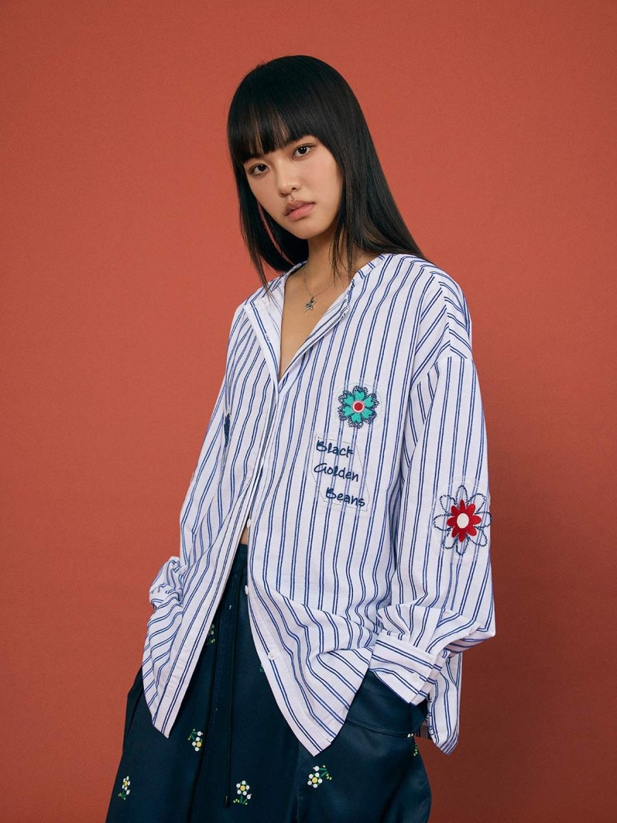 Striped Beaded Collar Blouse - SHICCACHE