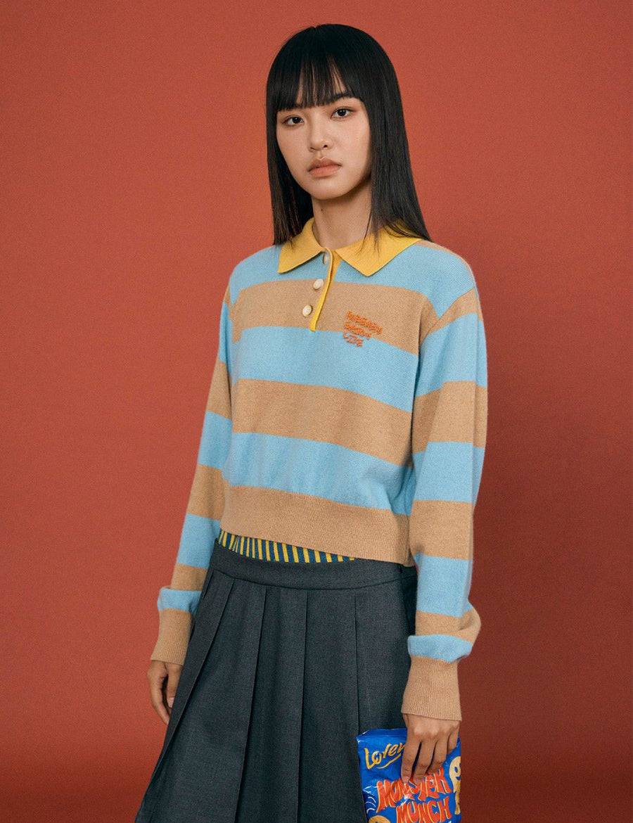 Striped Knit Polo Top - SHICCACHE