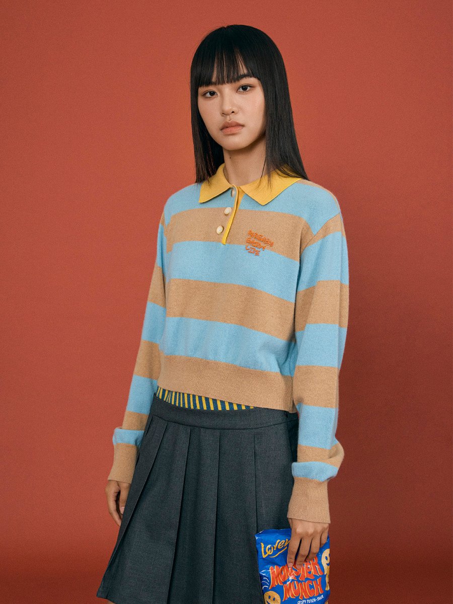 Striped Knit Polo Top - SHICCACHE