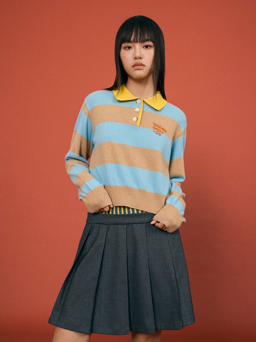 Striped Knit Polo Top - SHICCACHE