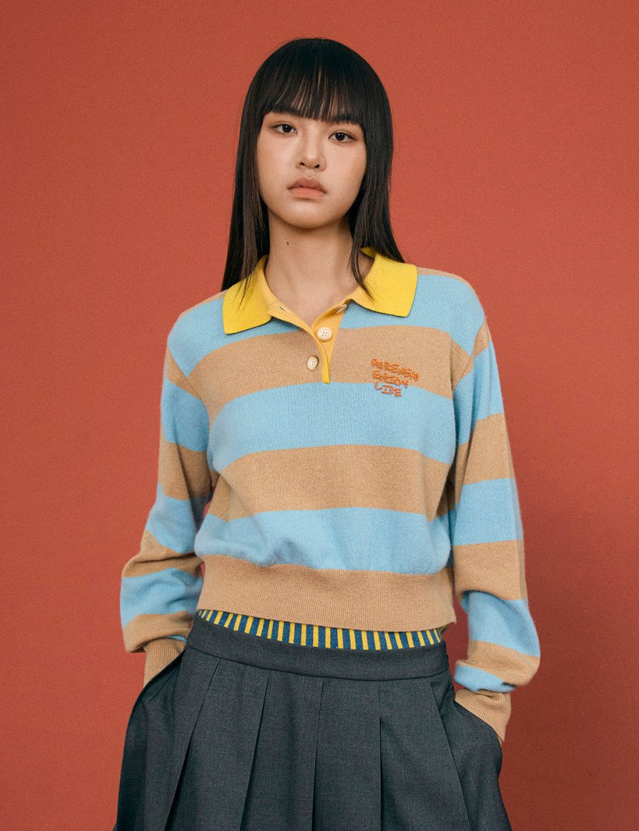 Striped Knit Polo Top - SHICCACHE