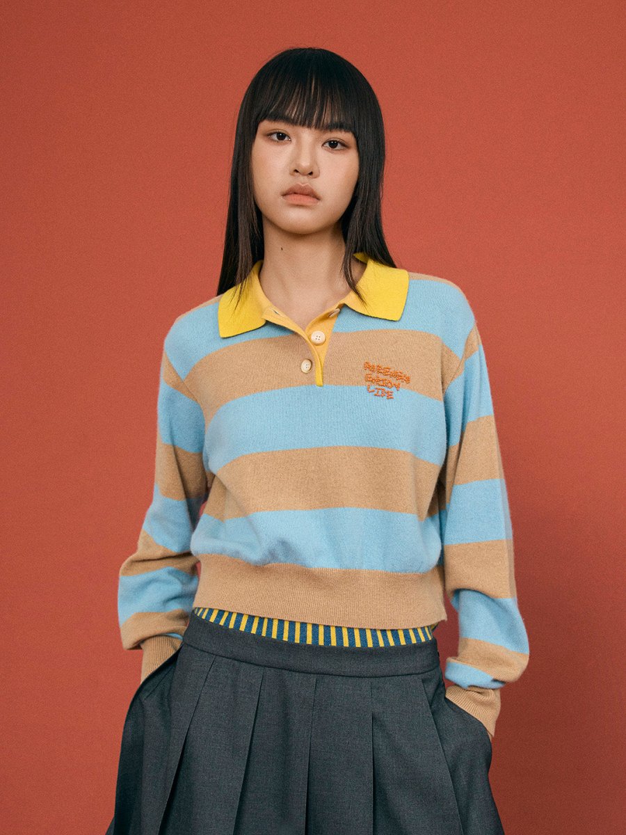 Striped Knit Polo Top - SHICCACHE