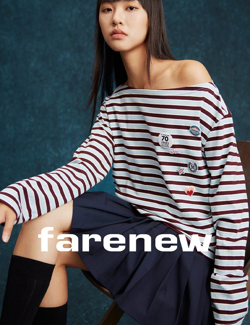 Striped Off - Shoulder Long Sleeve Tee - SHICCACHE