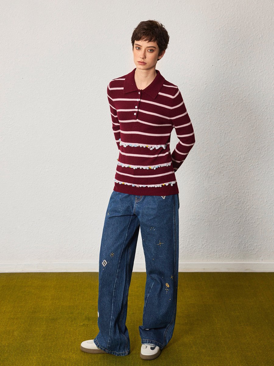 Striped Wool Polo with Gem Embellishments - SHICCACHE