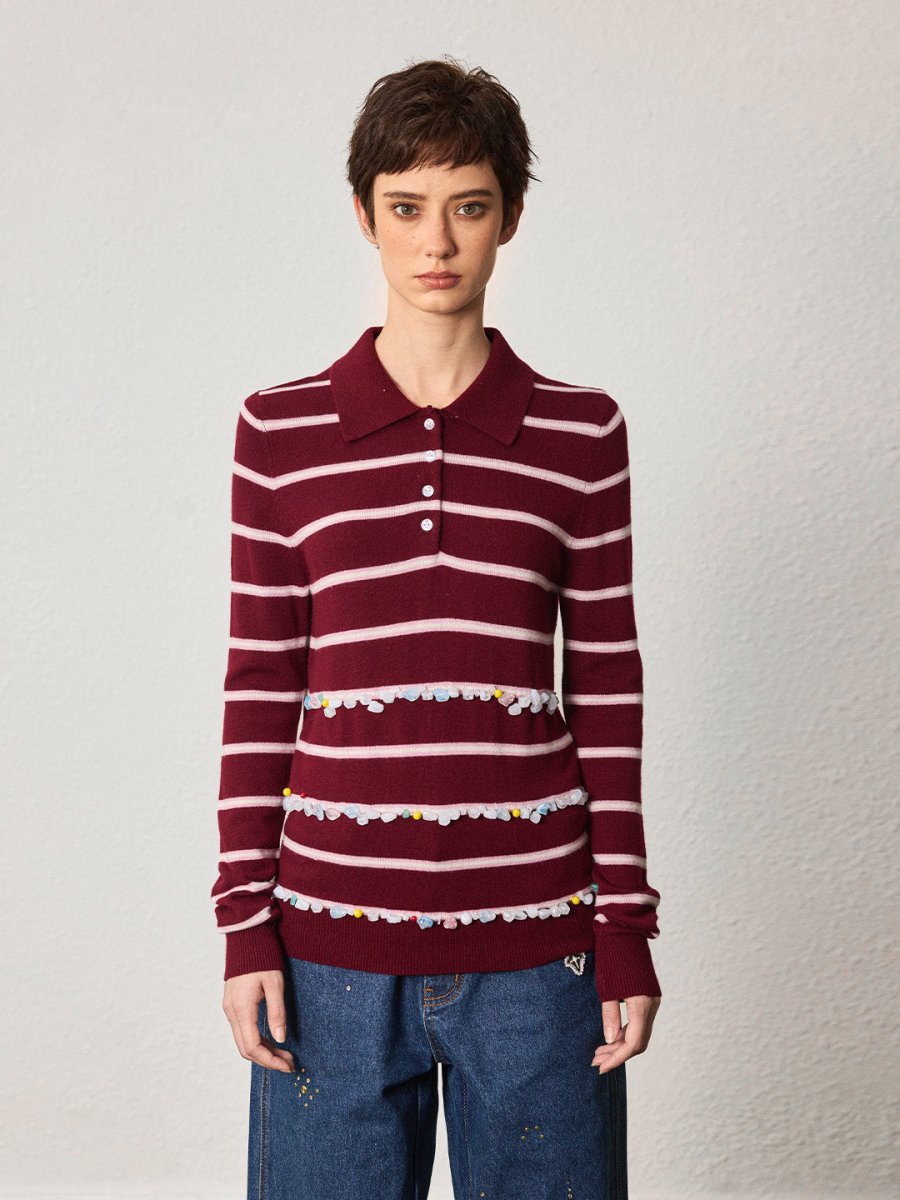 Striped Wool Polo with Gem Embellishments - SHICCACHE