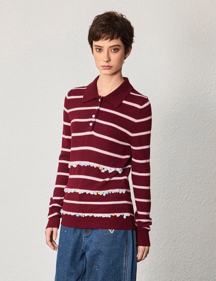 Striped Wool Polo with Gem Embellishments - SHICCACHE