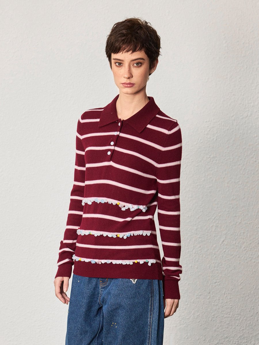 Striped Wool Polo with Gem Embellishments - SHICCACHE