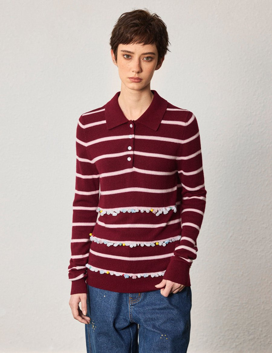 Striped Wool Polo with Gem Embellishments - SHICCACHE