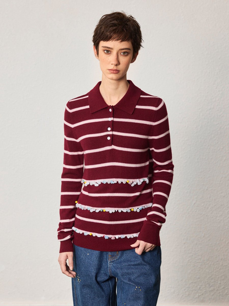 Striped Wool Polo with Gem Embellishments - SHICCACHE